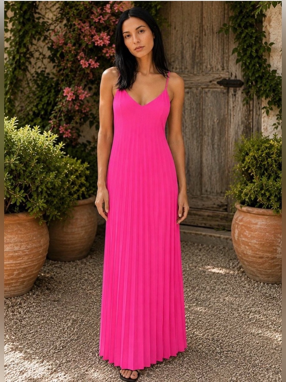 Skies Are Blue Hot Pink Pleated Maxi Dress Large Lined Adjustable Barbiecore